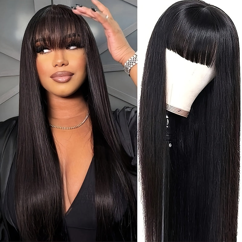 Glueless Bone Straight Wigs with Bangs 100% Long And True Length Human Hair Natural Black Color Wigs for Women Party Gifts Full Machine Made Rose Cap Straight No Glue No Lace Wigs 16inch-40inch