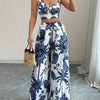 2pcs Bohemian Style Blue and White Floral Print Crop Top with Strapless Detail and Wide-Leg Pants, Perfect for Vacation or Casual Attire, Polyester, Spring/Summer Collection
