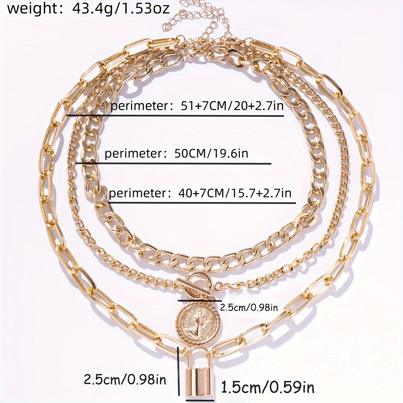 3pcs Retro Elegant Fashion Metal Round Head Lock Portrait OT Buckle Multi-layer Necklace Personalized Hip-hop Stacked Collarbone Chain Suitable for Women's Vacation Party Date Gift Daily Wear Halloween Valentine's Day New Yea