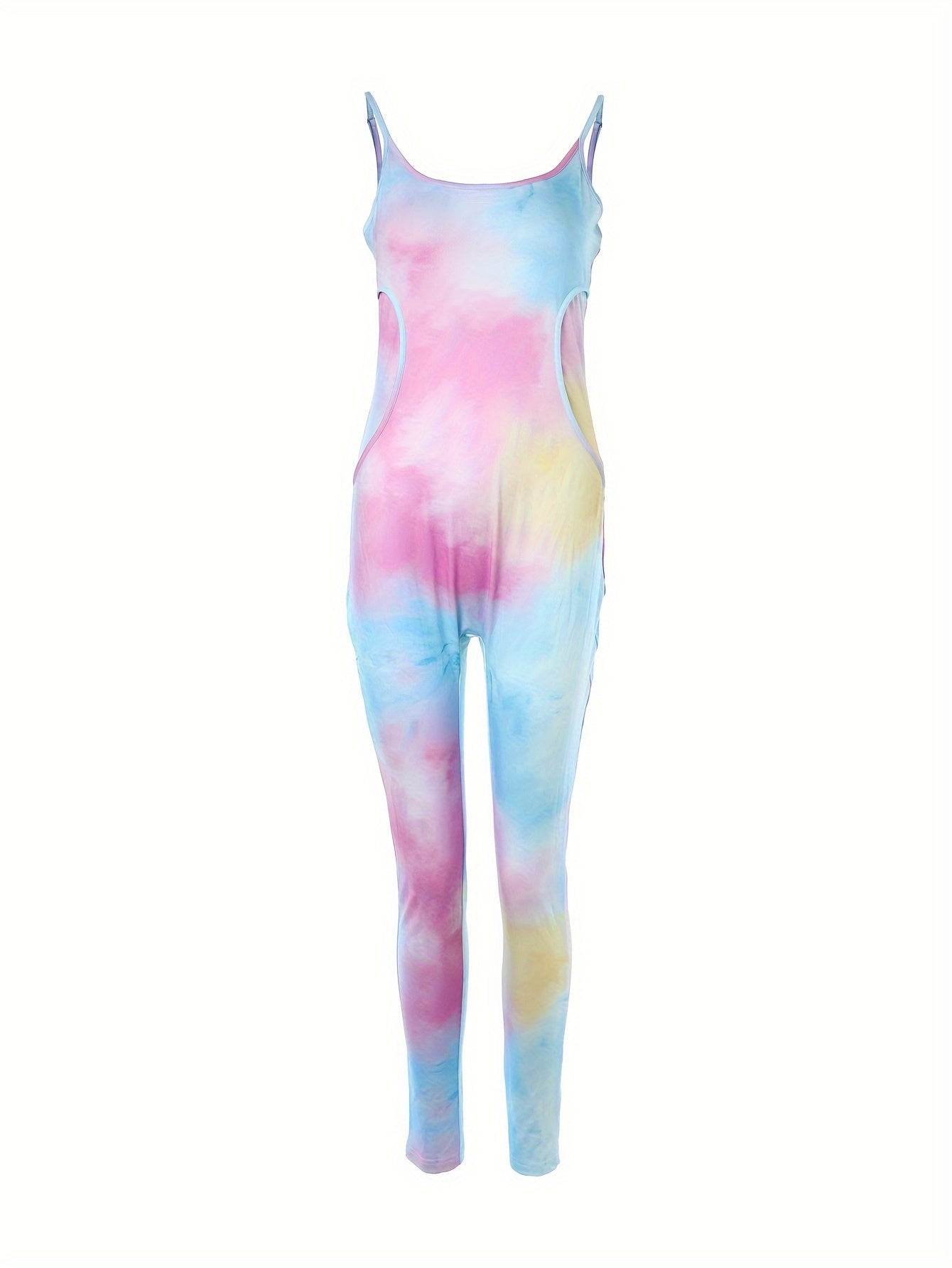 Tie-Dye Stitching Backless Jumpsuit, Scoop Neck Slim Fit Lounge Wear for Women