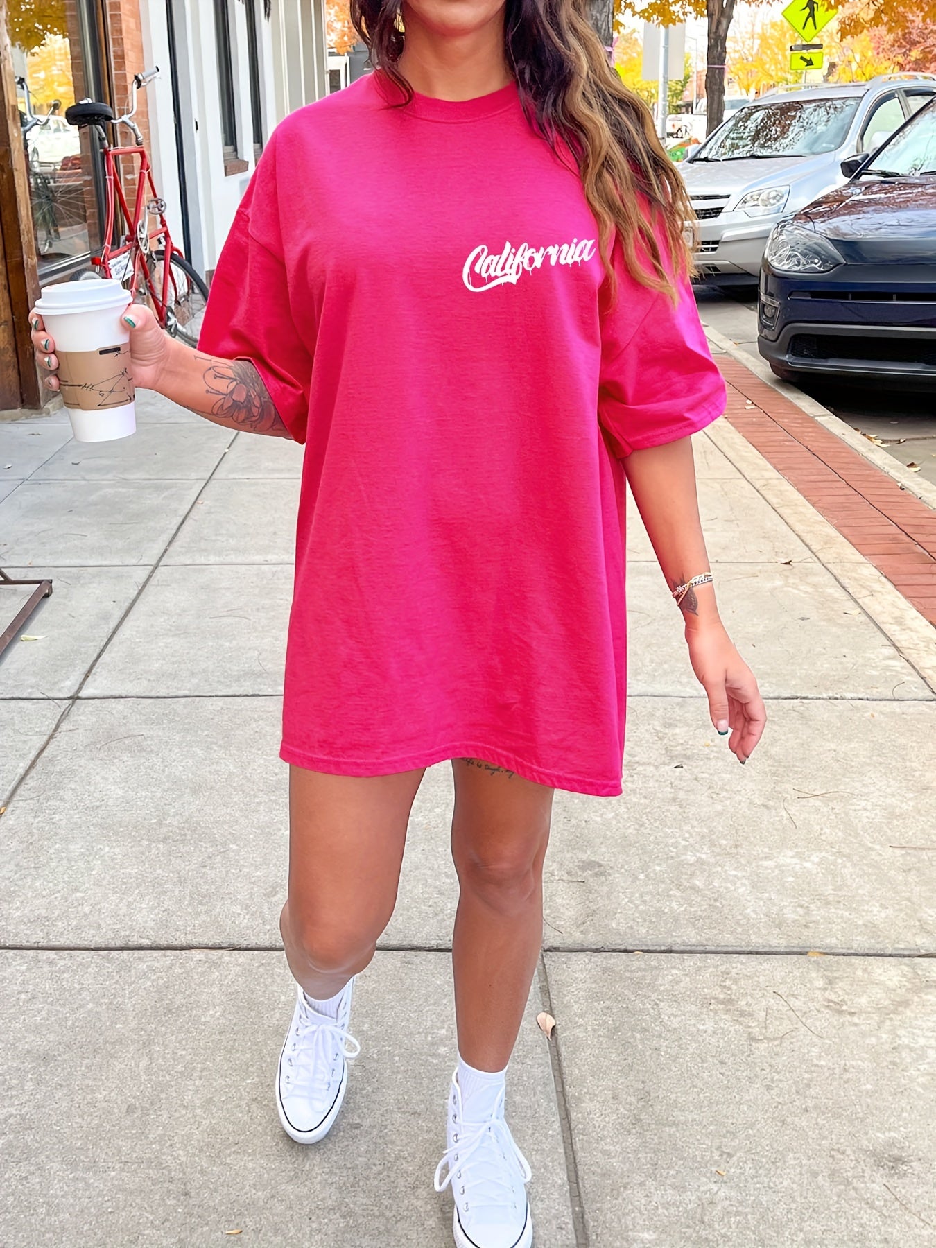 Letter & Coconut Tree Print Crew Neck Tee Dress, Casual Short Sleeve Dress For Spring & Summer, Women's Clothing
