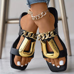 Women's Metal Chain Decor Flat Slides, Square Open Toe Non Slip Slide Sandals, Outdoor Versatile Slides