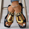 Women's Metal Chain Decor Flat Slides, Square Open Toe Non Slip Slide Sandals, Outdoor Versatile Slides