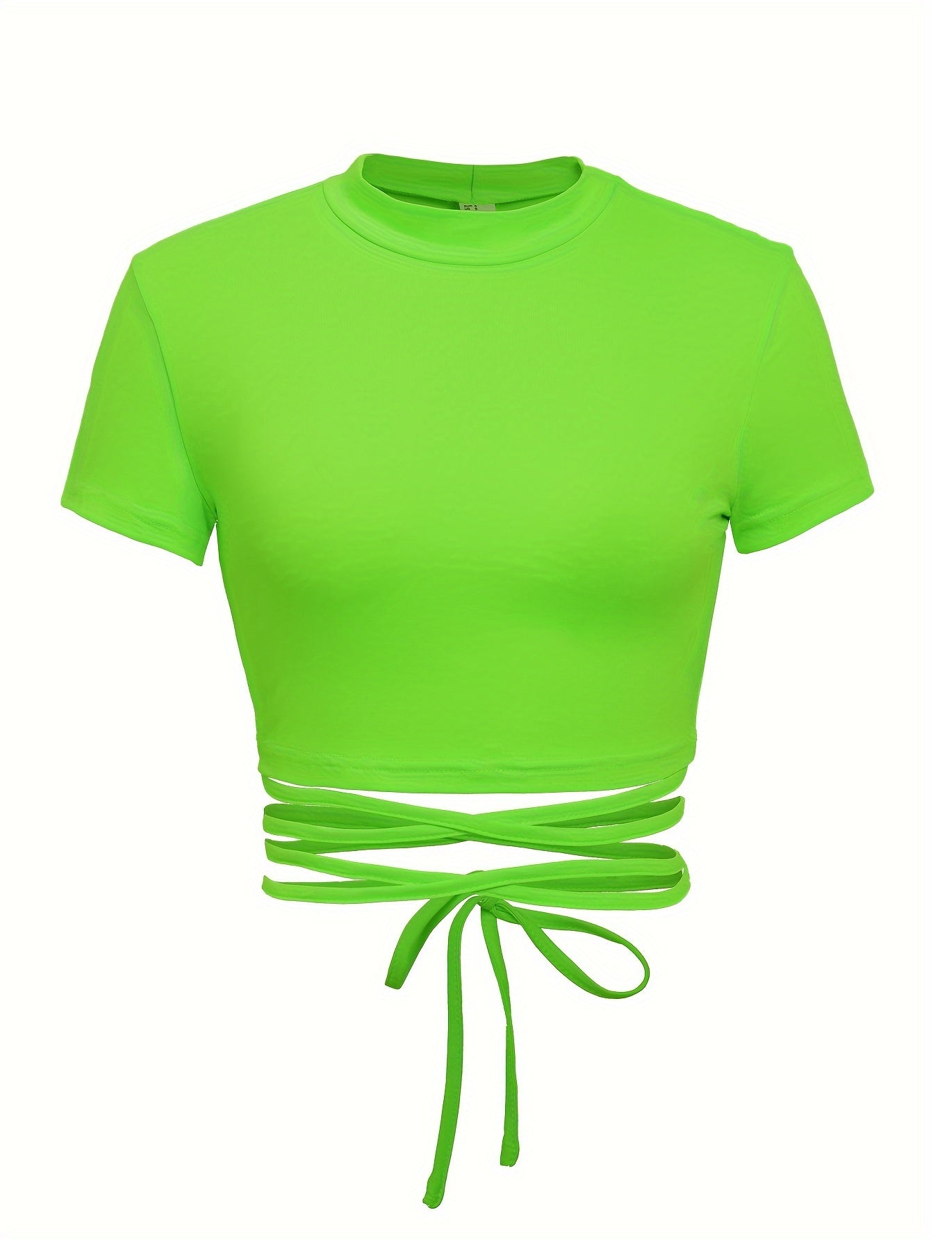 Solid Tie Crisscross Crop T-shirt, Y2K Short Sleeve Mock Neck Slim Top, Women's Clothing