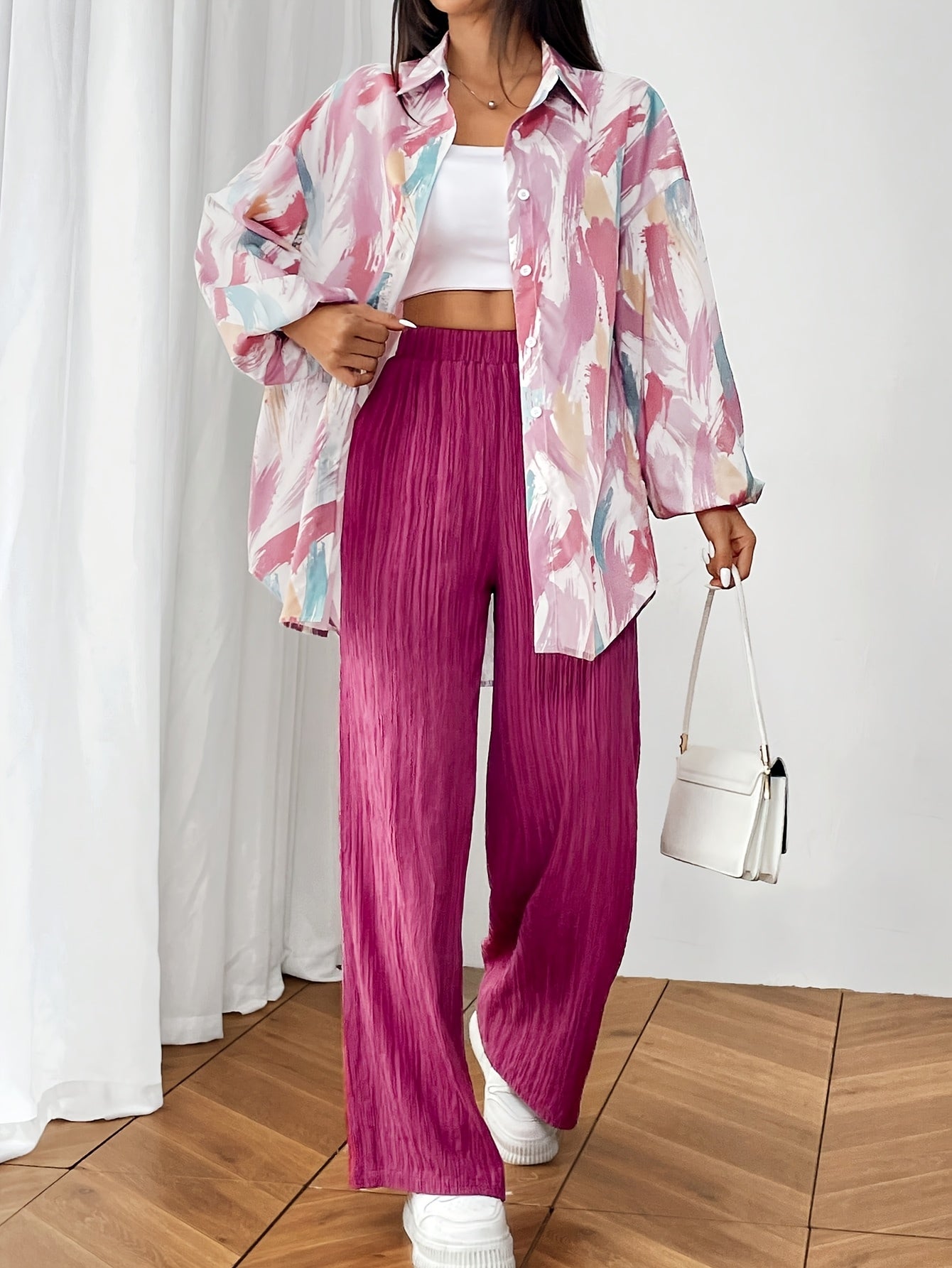 Women'S Casual Spring/Summer 2pcs Set - Floral Print Long Sleeve Blouse & Wide-Leg Pants, Button-Up Top with Pockets, White Sneakers, and White Handbag, Casual Attire|Floral Print Top|Buttonup Top