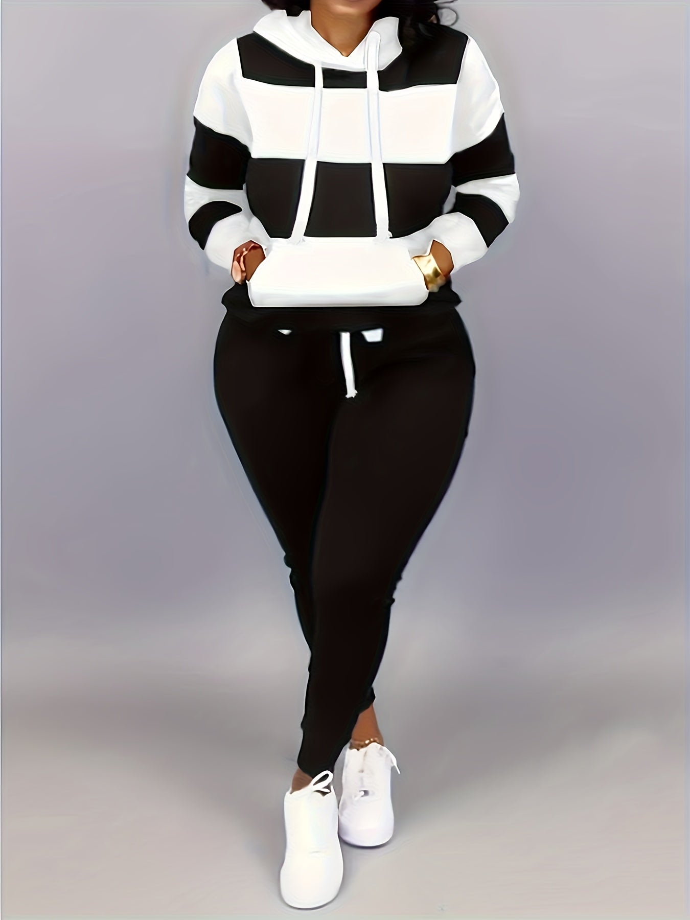2 Pcs Cozy Striped Lounge Set - Soft Long Sleeve Kangaroo Pocket Hoodie & Drawstring Elastic Waist Jogger Sweatpants - Women's Comfortable Casual Wear for Daily Life