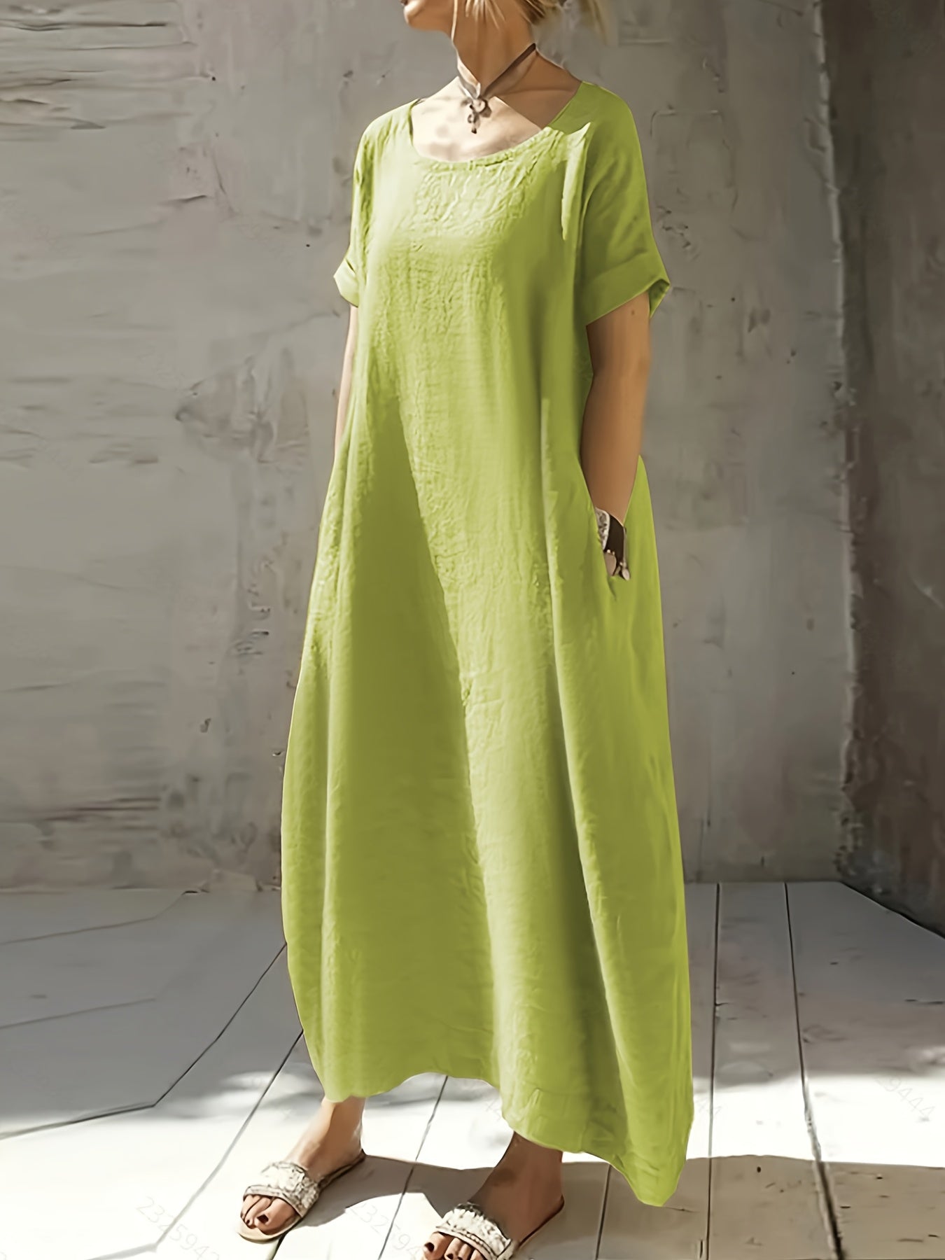 Women's New Summer Round Neck Short Sleeve Loose Dress with Pocket, Elegant and Pure Color Mid-Long Casual Skirt