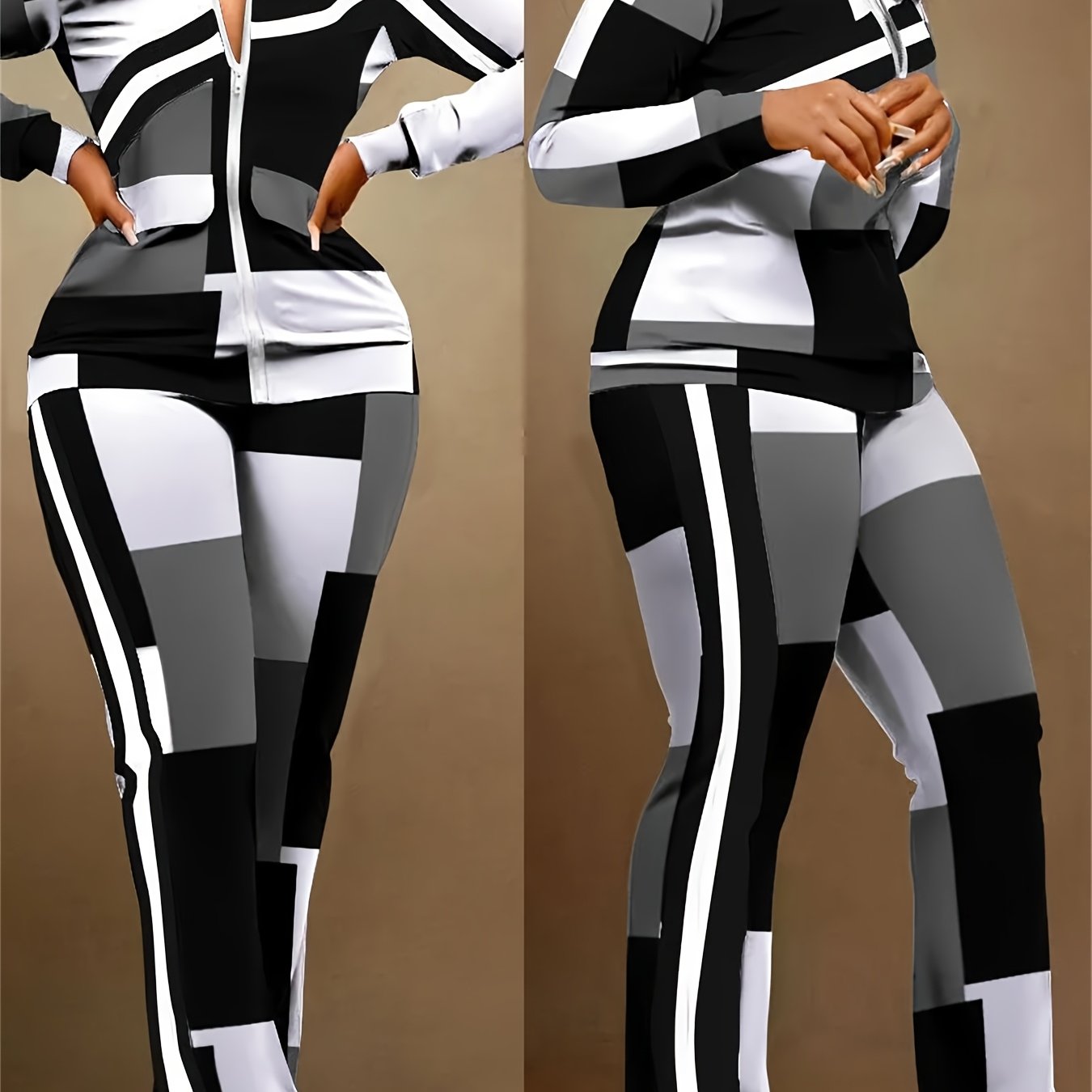 Chic Geo Print Casual Two-piece Tracksuit Set, Women Zip Up Long Sleeve Tops Jacket & Long Flare Pants Outfits, Geometric Plaid Patchwork Matching 2pcs Casual Sweatsuits, Color Block Zipper Jackets And Wide Leg Jogger, Women'