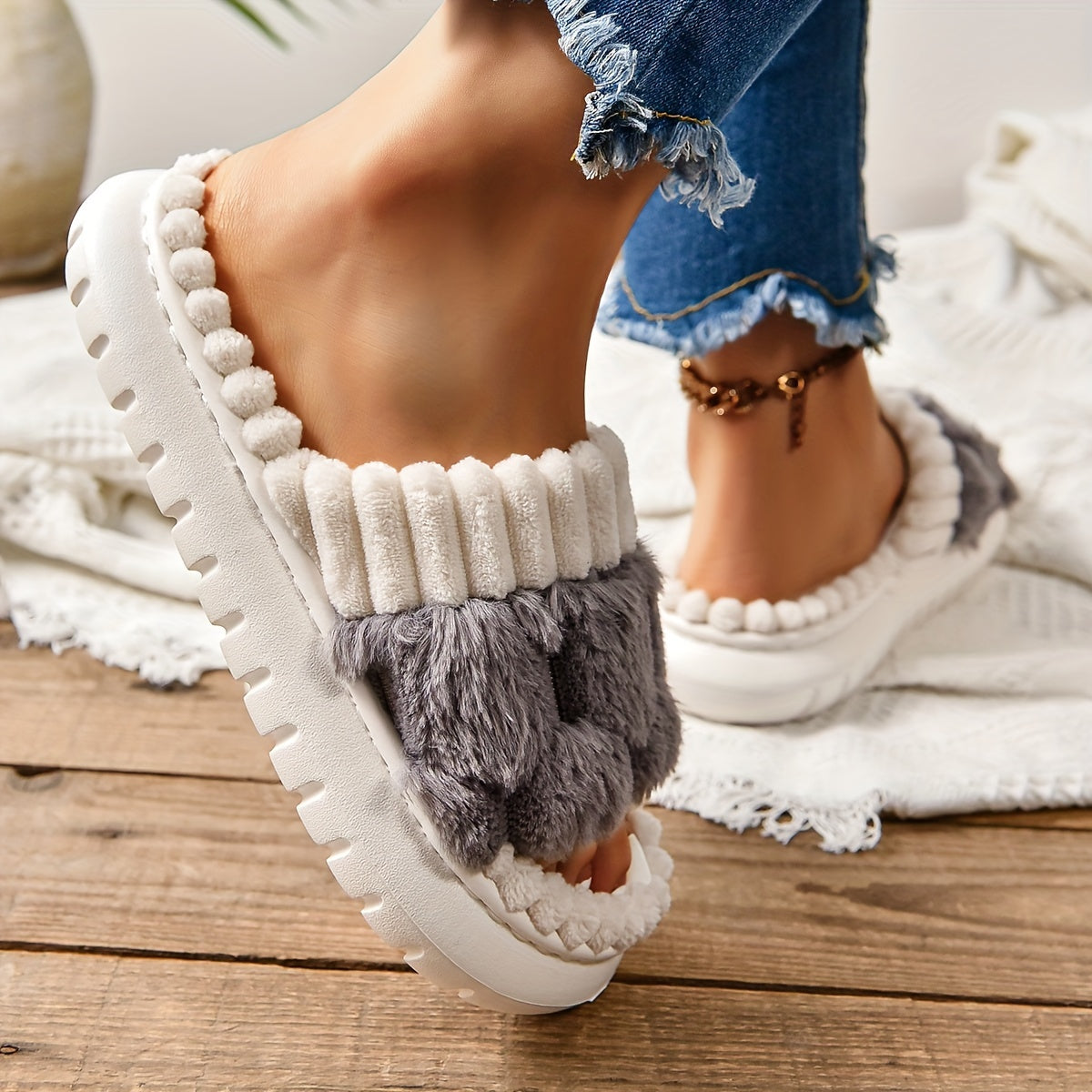 Simple Platform Slippers, Casual Open Toe Plush Shoes, Comfortable Indoor Home Slippers