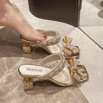 Women'S Summer Bowknot High Heel Sandals - Stylish Square Toe, Open Toe, Slip-On Design with Golden Accents, Faux Cover Upper & Sole, Perfect for Casual or Dressy Occasions, High Heel Sandals
