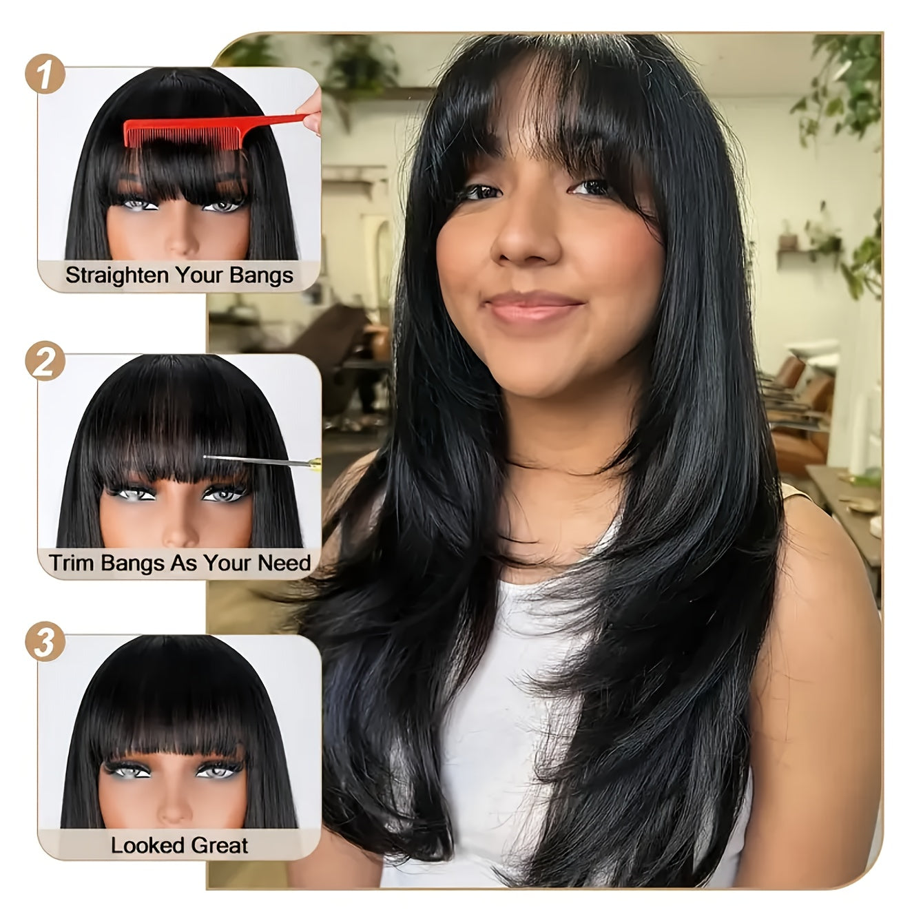 26" Long Straight Layered Wig with Bangs - Natural Black Synthetic Hair, Glueless Put-On Style, High-Temperature Fiber, Pixie Cut for Women, Perfect for Casual Attire