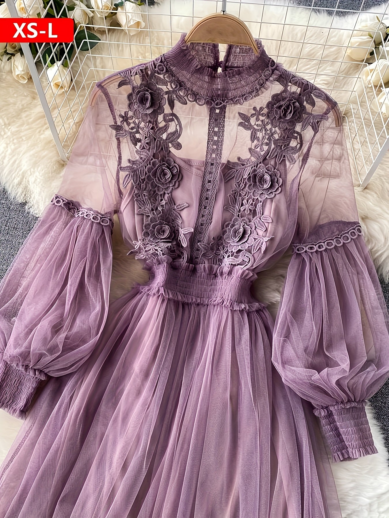Plus Size Dresses Women'S Fashion Three-dimensional Flower Collage Sheer Mesh Balloon Sleeve Slim Long Dress Light Luxury Design Sense Women'S Chiffon Lace Shirt Suspender Base Shirt, Luxury Gift For Women