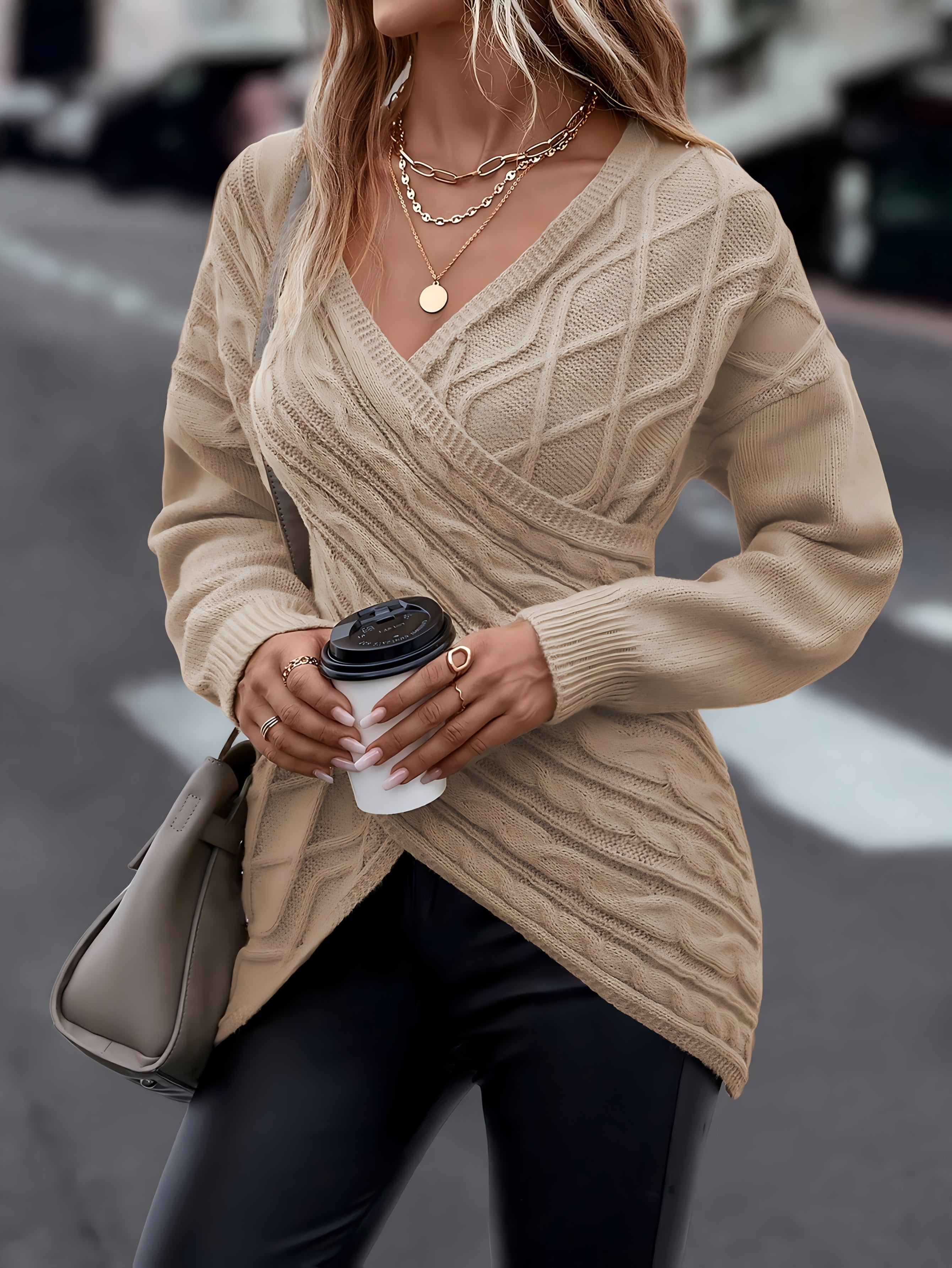 Cable Knit Cross Front Sweater - Elegant Long Sleeve Sweater For Fall & Winter - Women's Clothing - Soft & Cozy Knit Material - Perfect Gift for Women