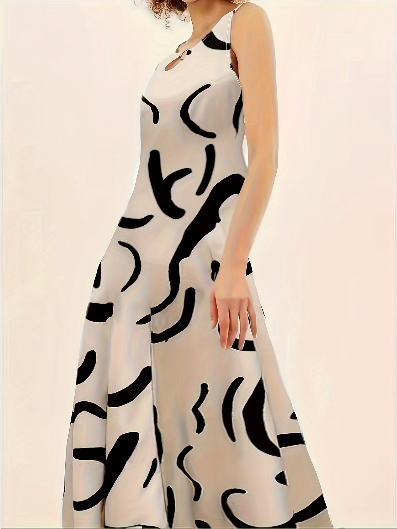 [Maxi Dress with Keyhole Neckline] Elegant Sleeveless Maxi Dress for Women, Polyester and Spandex Blend, Knit Fabric, with Keyhole Neckline and Pockets, Abstract Print Design, for Spring/Summer/Fall