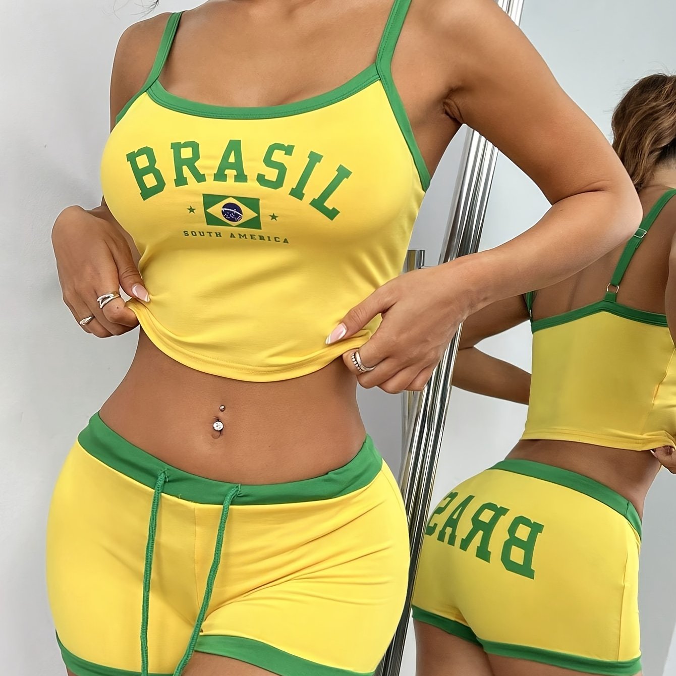 [Contrast Trim] Women's Casual Shorts Set - Letter & Brazil Flag Print Crew Neck Cami Top & Drawstring Waist Slim Shorts