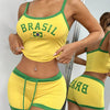 [Contrast Trim] Women's Casual Shorts Set - Letter & Brazil Flag Print Crew Neck Cami Top & Drawstring Waist Slim Shorts