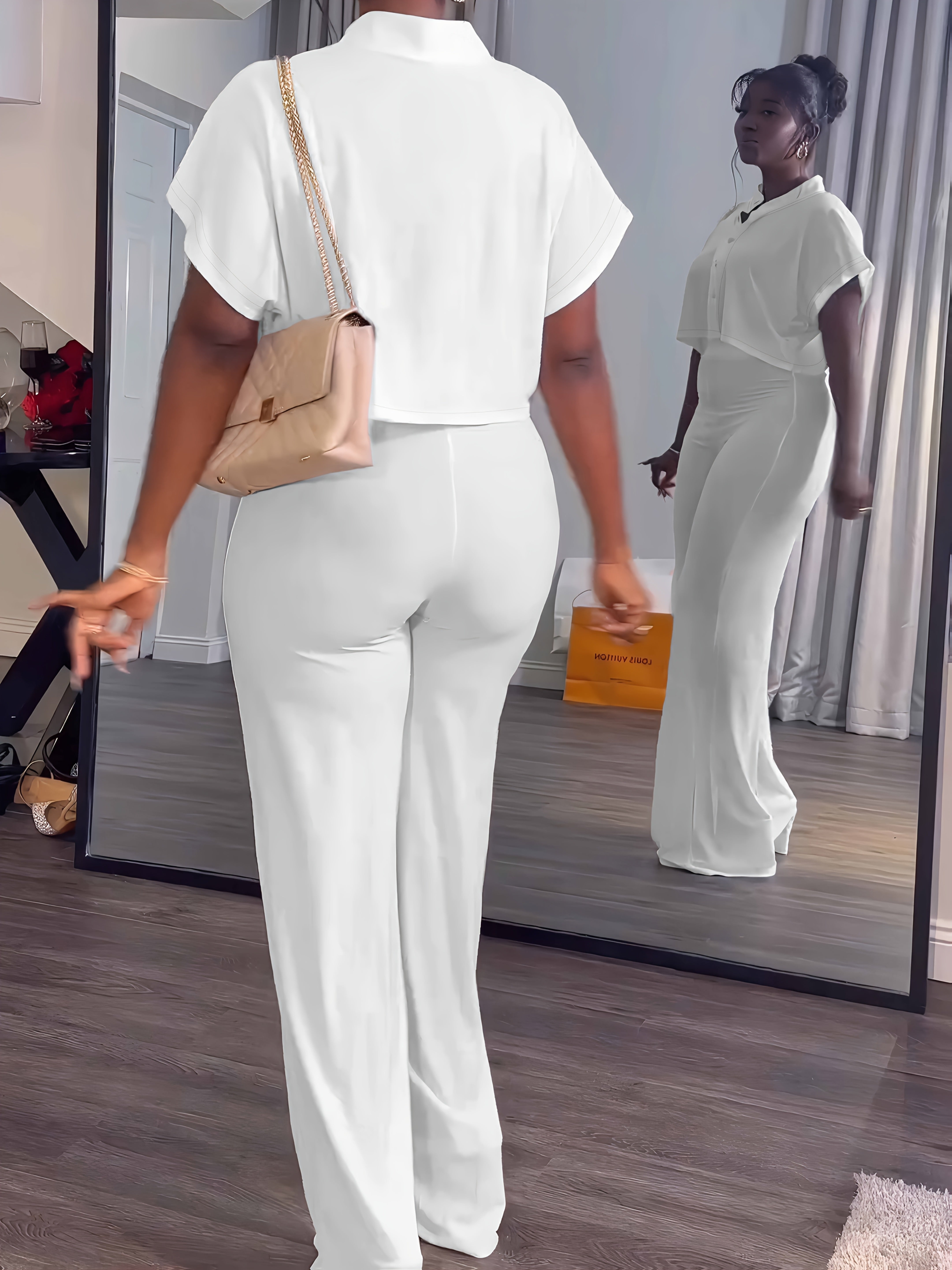 Women's Summer 2pcs Outfits Casual Tracksuit Short Sleeve Button Crop Top Wide Leg Long Pant Lounge Sets