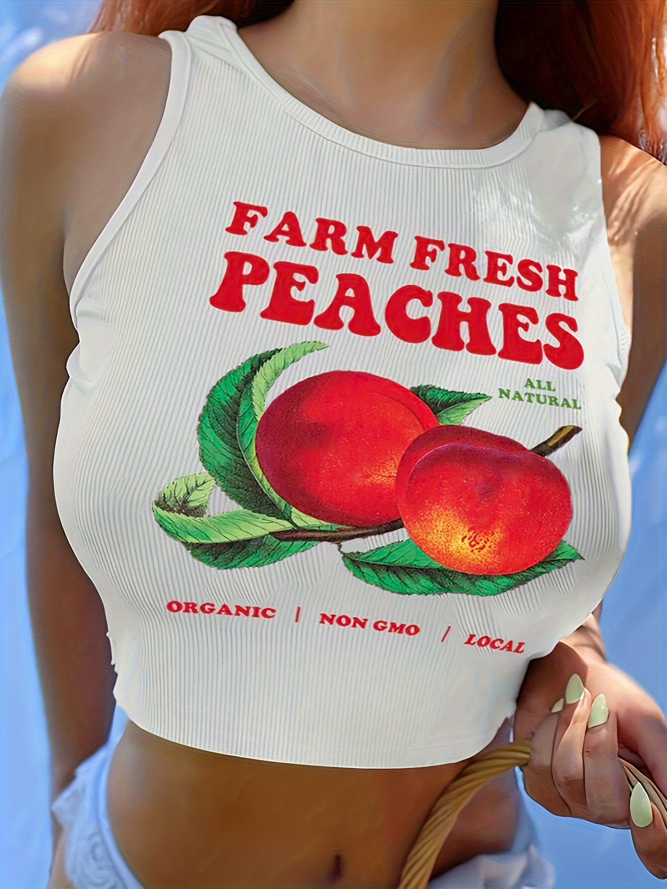 Y2K Sleeveless Crop Tank Top - Peach Print Crew Neck - Women's Spring & Summer Clothing