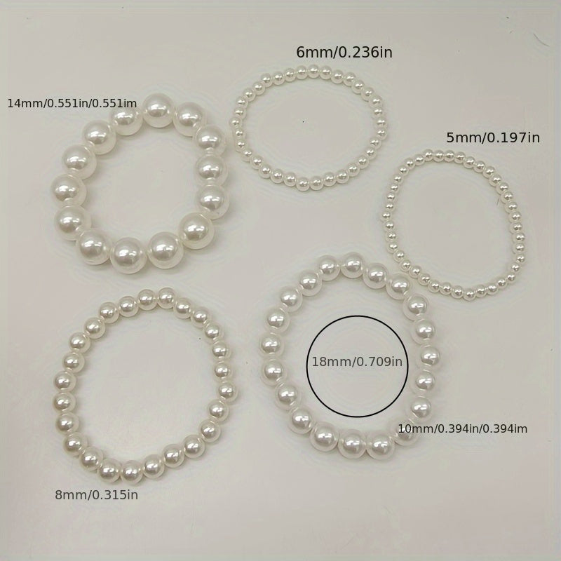5pcs Elegant French-Inspired Acrylic Faux Pearl Bracelet Set - Vintage Chic Multi-Layer Beaded Stacking Wrist Jewelry, Ideal for Daily Wear & Gifting