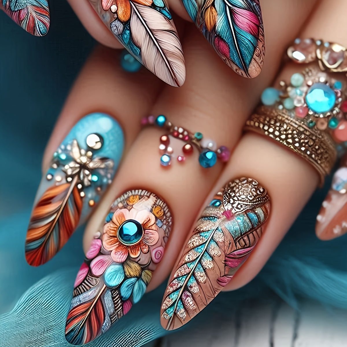 72pcs 3box European And American Wearable Nail Color Feather Nail Patch Retro Ins Style Nail Patch Wearable Fake Nail