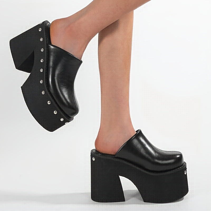 Women's Black Platform Wedge Sandals with Metallic Studs, Round Toe Slip-On High Heels - Stylish Summer Fashion Shoes for Parties and Events