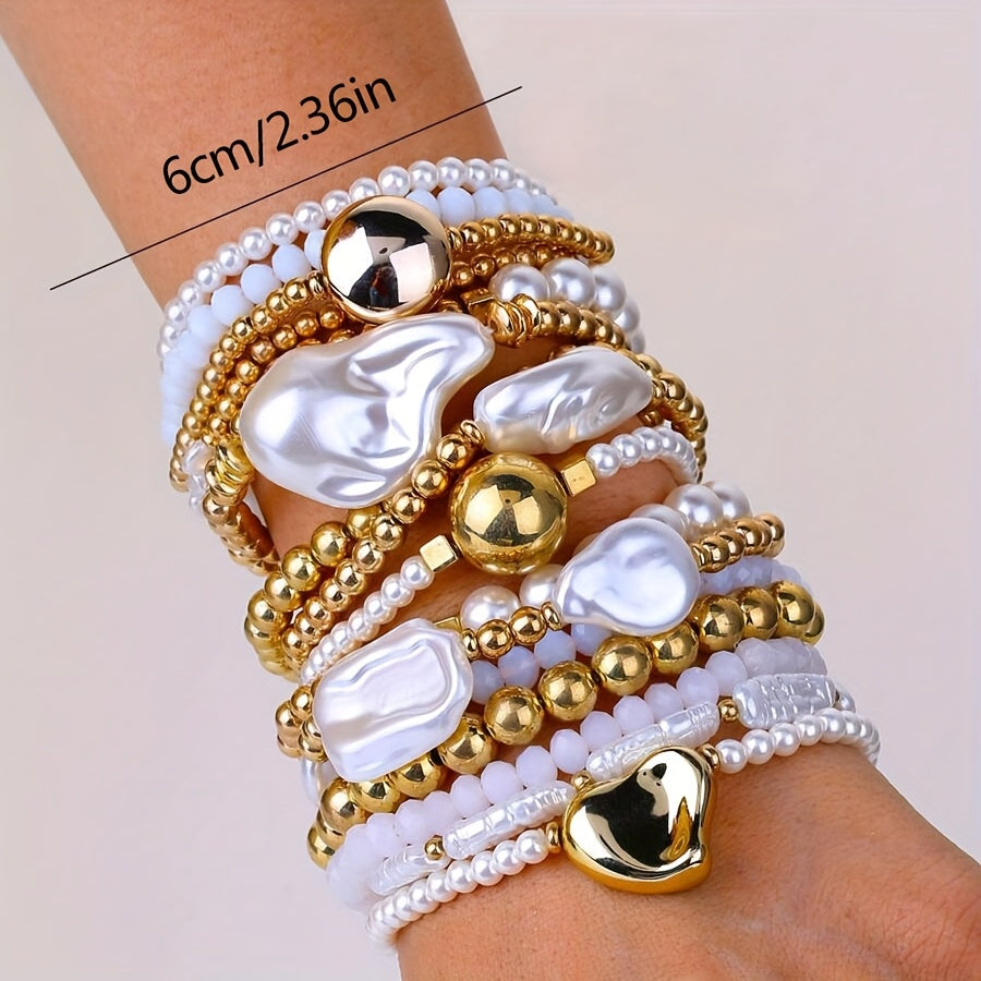 15pcs Women's Irregular Bead Bracelets - 14K Gold Plated, Imitation Pearl & Acrylic Beads - All Season Essentials | Fashionable Design | Versatile Accessory