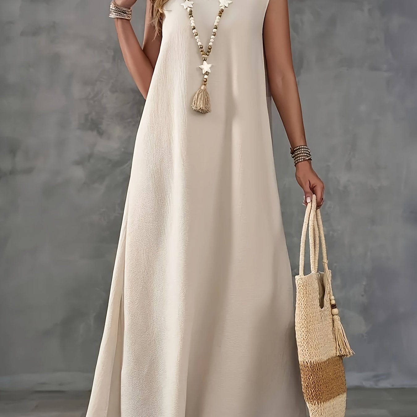 Women's Elegant V-Neck Sleeveless Maxi Dress - Solid Color, A-Line Cut, Lightweight Polyester Fabric, Perfect for Spring/Summer Casual Wear, Casual Elegant Dress | Minimalist Style | Glossy Texture, Cute Dress