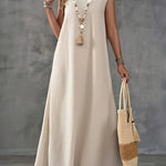 Women's Elegant V-Neck Sleeveless Maxi Dress - Solid Color, A-Line Cut, Lightweight Polyester Fabric, Perfect for Spring/Summer Casual Wear, Casual Elegant Dress | Minimalist Style | Glossy Texture, Cute Dress