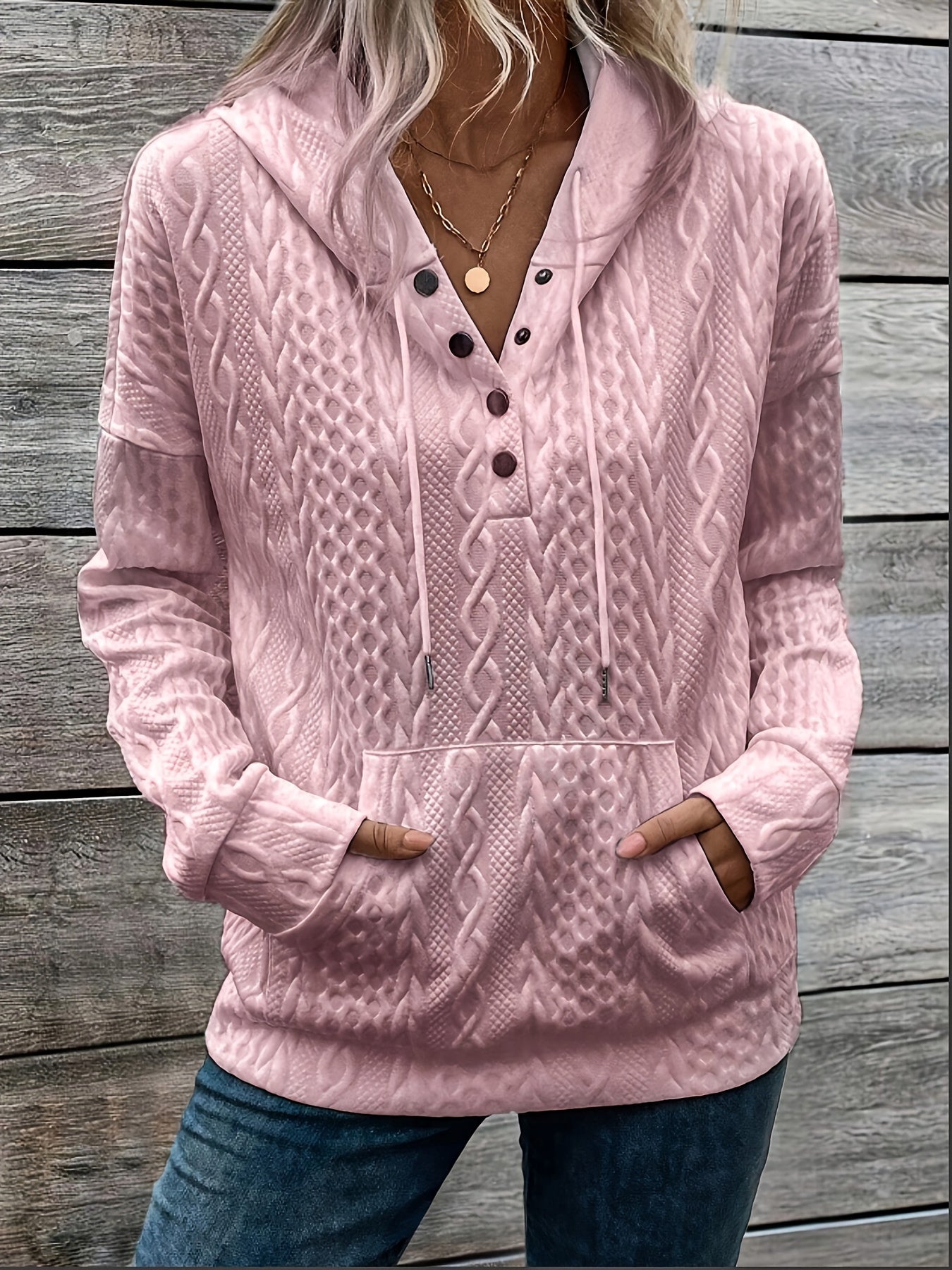 Women's Elegant Pullover Hoodie, Polyester Knit with Cable Pattern, Regular Length, Button Detail, Casual Sweatshirt for Fall/Winter Season
