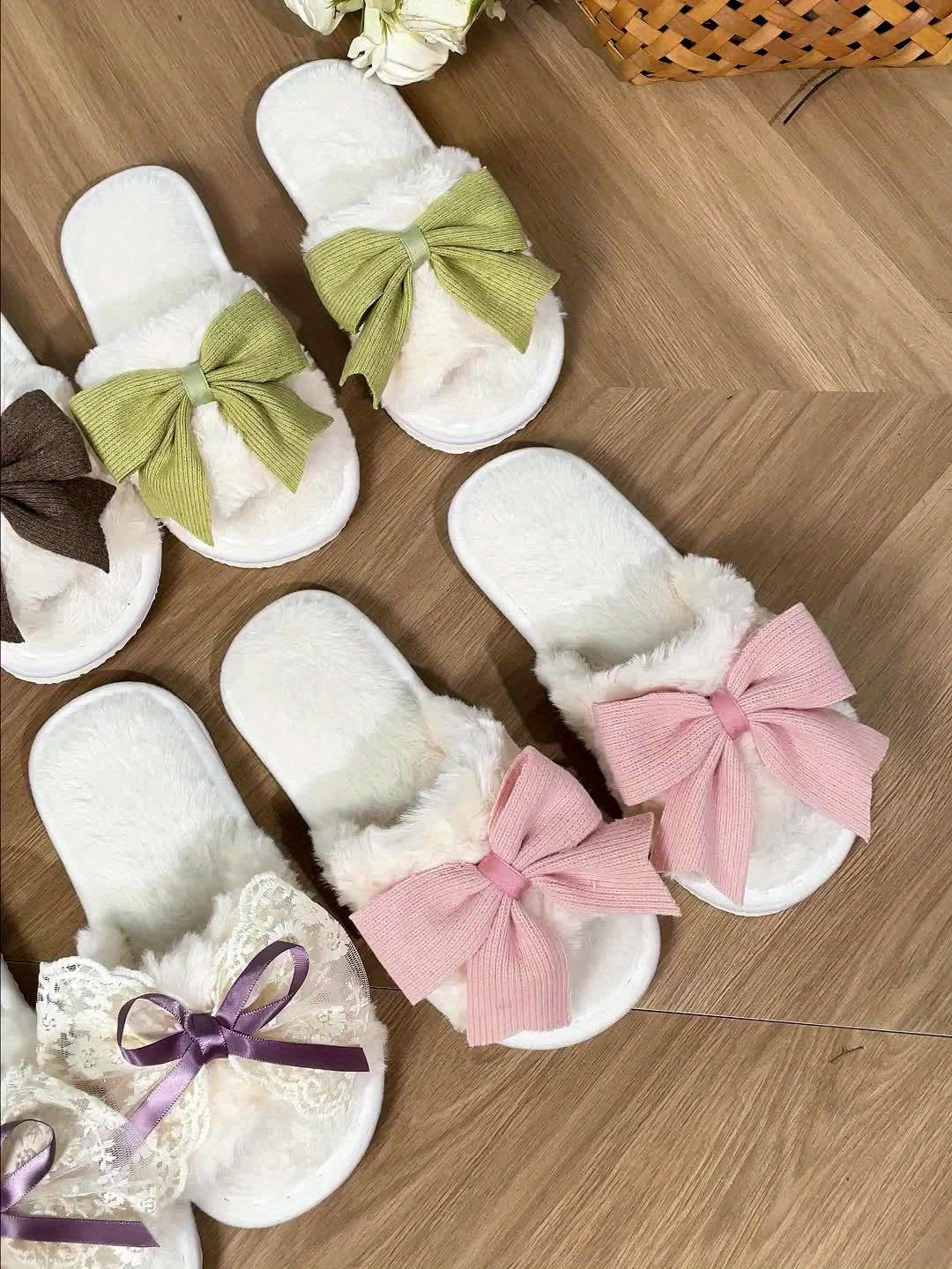 Kawaii Bowknot Plush Slippers, Open Toe Slip On Flat Fuzzy Shoes, Winter Warm Home Floor Slippers