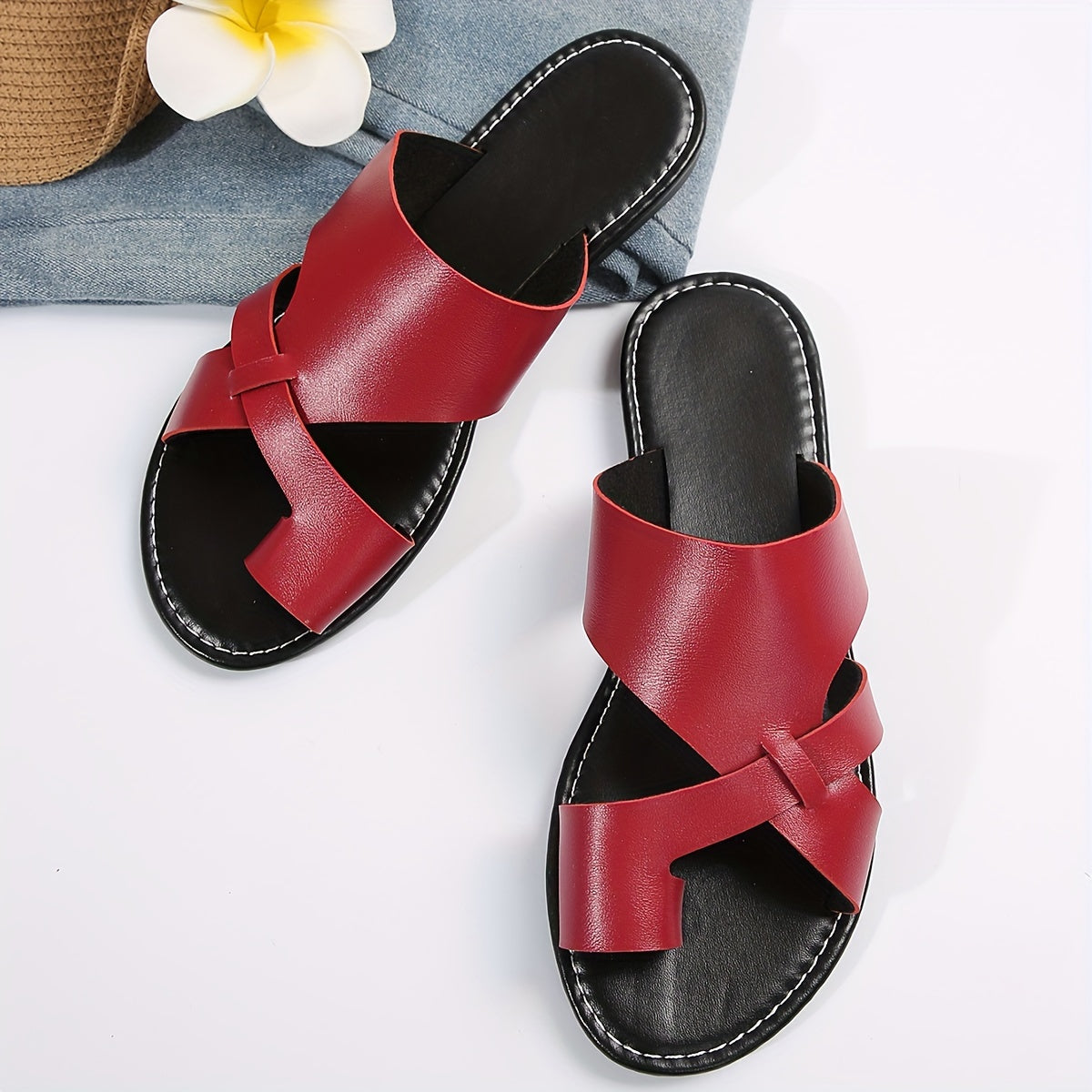 Women's Toe Loop Flat Slides, Fashion Colorblock Slip On Summer Shoes, Casual Outdoor Beach Slides