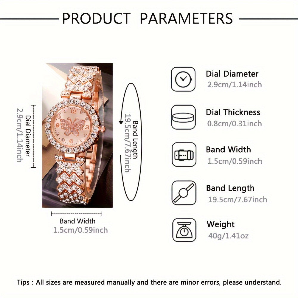 6pcs Women'S Fashion Elegant Quartz Watch, Rose Golden, Zinc Alloy Strap, Round Dial, Zinc Alloy Case, Necklace Earrings Ring Bracelet Gift Set
