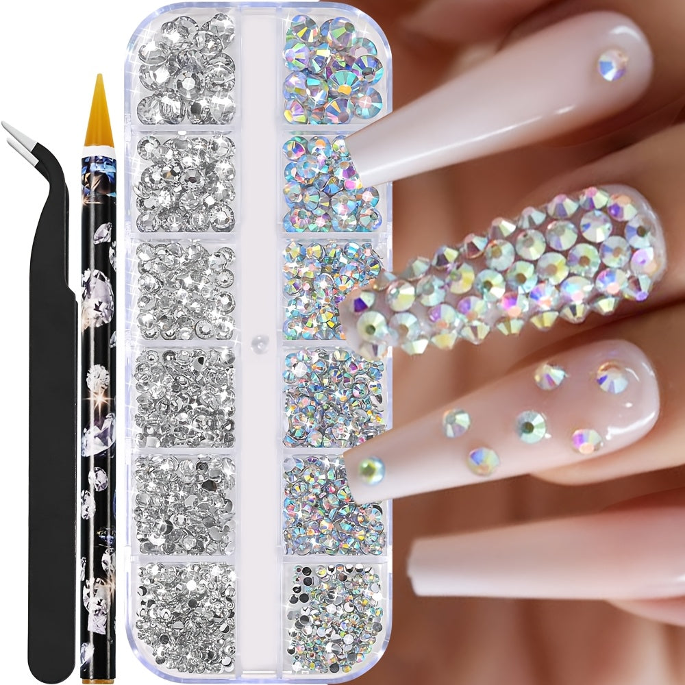 Multi-Size Flatback AB Nail Art Rhinestones Kit – Crystal Pearls & Gemstones for DIY Nails, Shoes, Clothes, Makeup & Bags – Includes Tweezer & Pen (SS4–SS16)