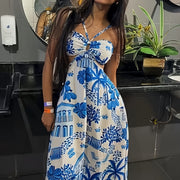 Chic Off-Shoulder Tropical Print Maxi Dress - Casual & Vibrant, Easy-Care Polyester, Non-Sheer Summer Style with Floral & Palm Design for Women