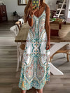 Women'S Bohemian V-Neck Sleeveless Maxi Dress, Floral Print Knit Fabric, Polyester Vacation Style Slip Dress for All Seasons, 180g/m² - LSH-FLL