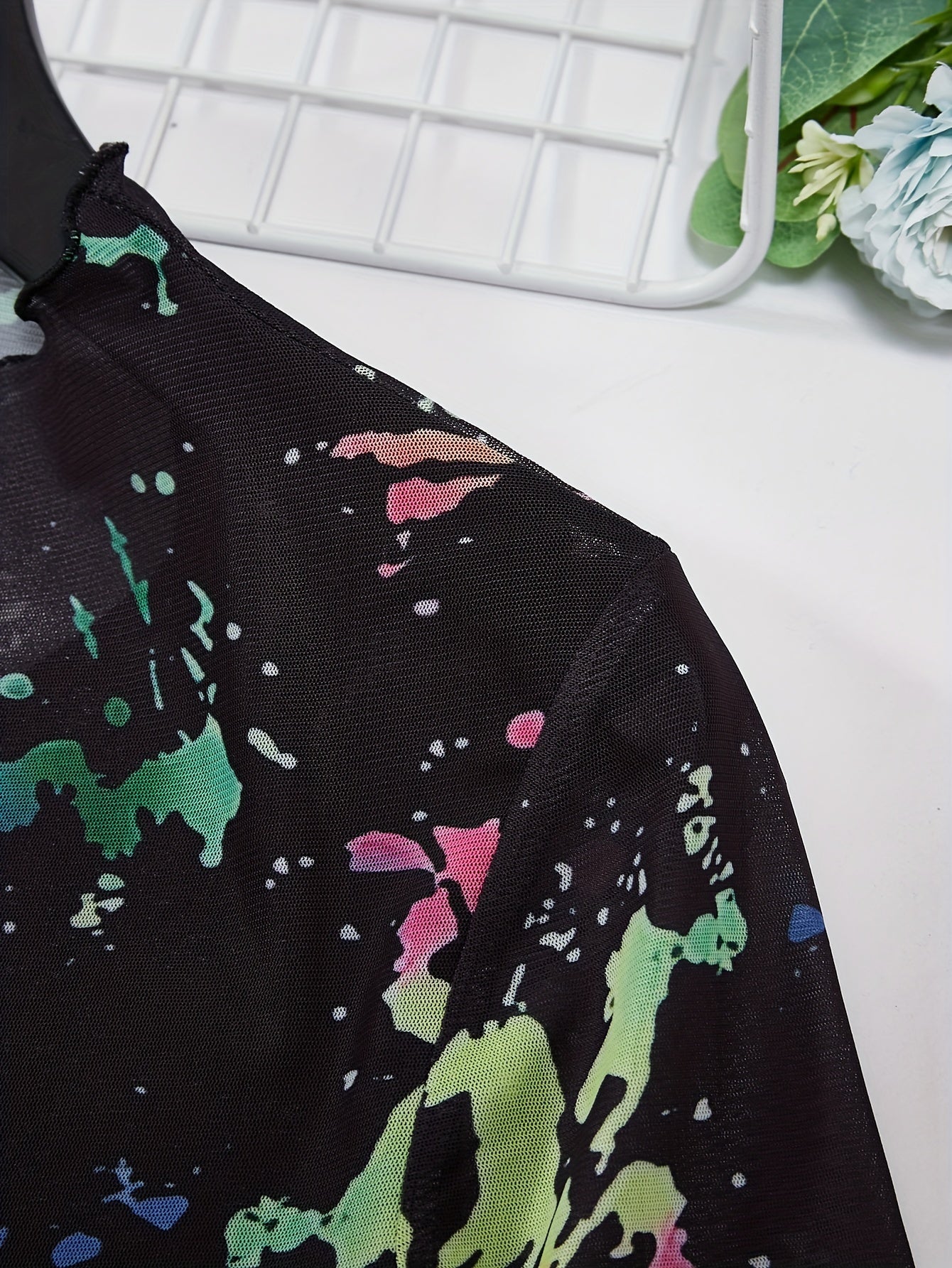 Colorful Print Mock Neck T-shirt, Y2K Short Sleeve Lettuce Trim Crop Semi-sheer Top For Spring & Summer, Women's Clothing