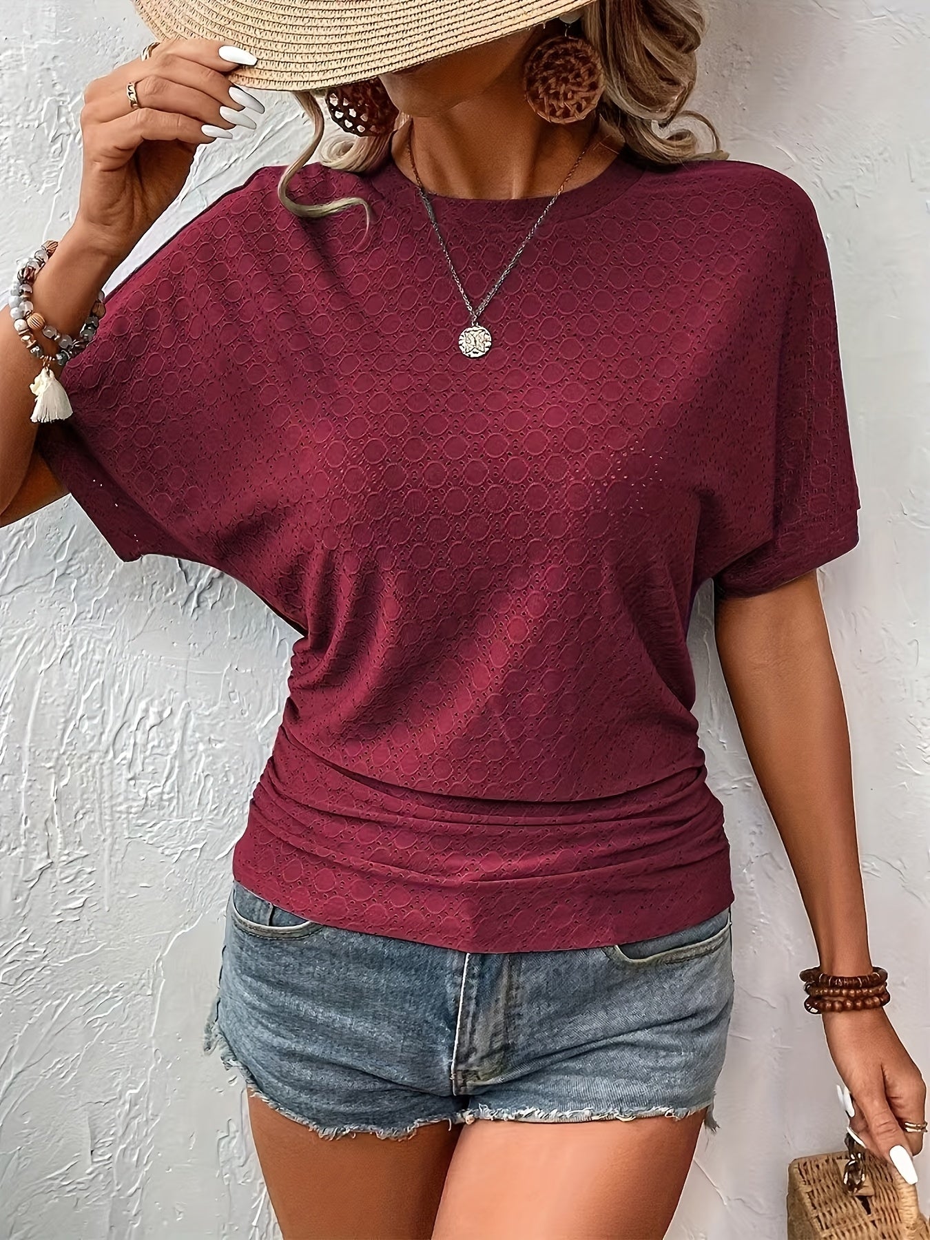 Women's Elegant Solid Color Blouse with Casual Textured Batwing Sleeves - Lightweight Polyester, Ruched Detail, Perfect for Spring/Summer