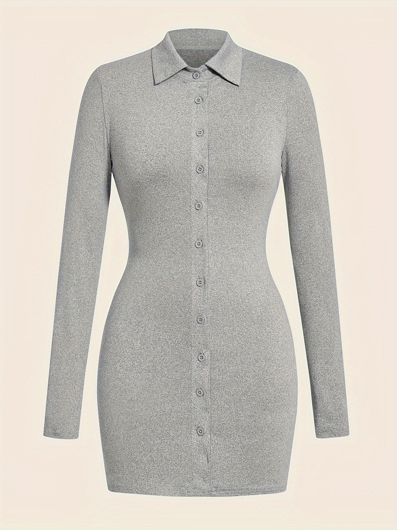 Button Front Solid Shirt Dress, Sexy Long Sleeve Bodycon Dress, Women's Clothing