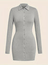 Button Front Solid Shirt Dress, Sexy Long Sleeve Bodycon Dress, Women's Clothing