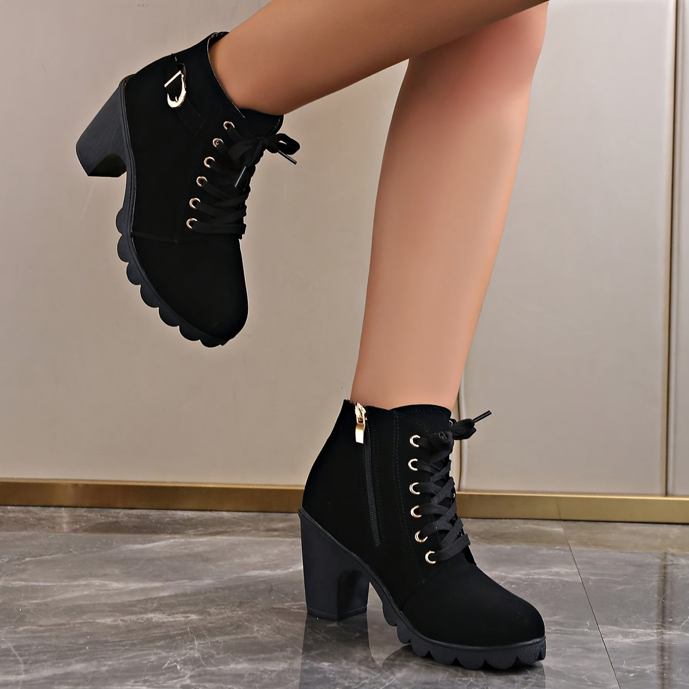 Trendy Womens Chunky Heel Ankle Boots - Secure Lace-Up, Smooth Zipper, Supreme Comfort - Mid-Calf Height, Stylish Design