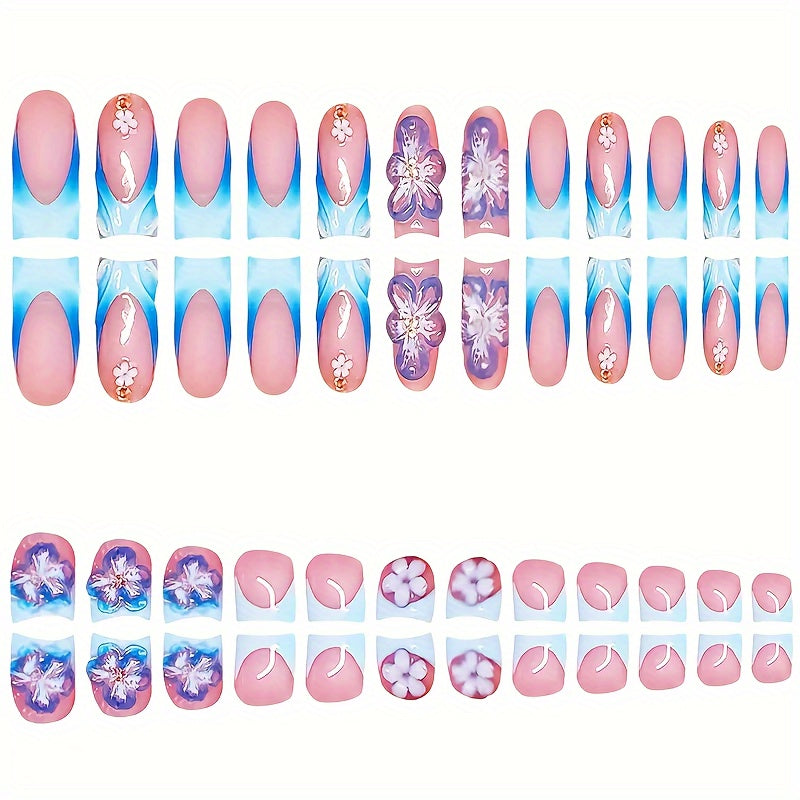 48pcs square fake nail set, two-piece set, 3D pure desire flower spiral nail tips suitable for all ladies and girls, with nail file and jelly glue in the box for easy wearing