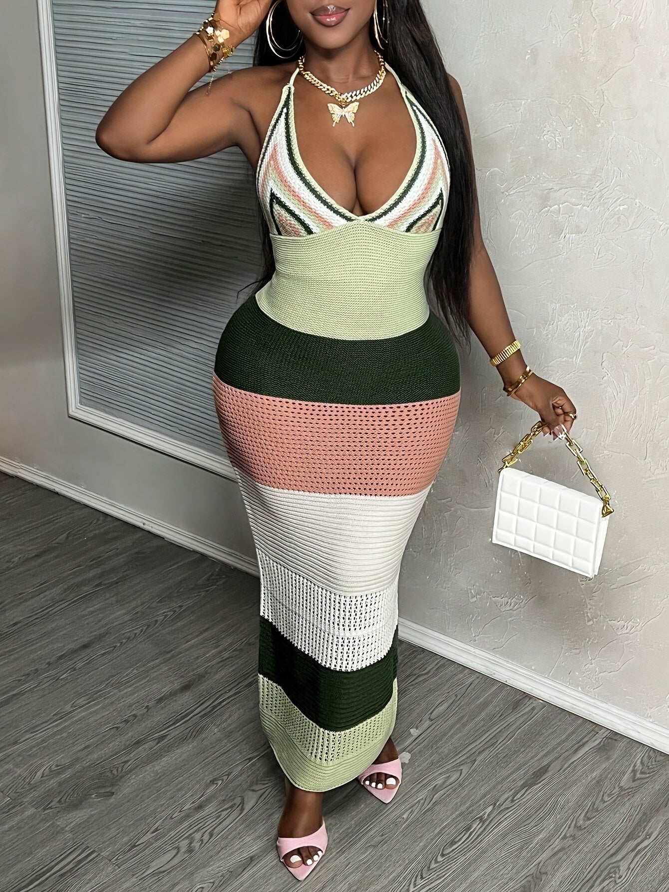 Women'S Color Block Halter Neck Bodycon Dress - Vibrant Striped Mini Dress with Golden Accents, Casual Style, Casual Dressing | Vibrant Striped Dress | Halter Neckline