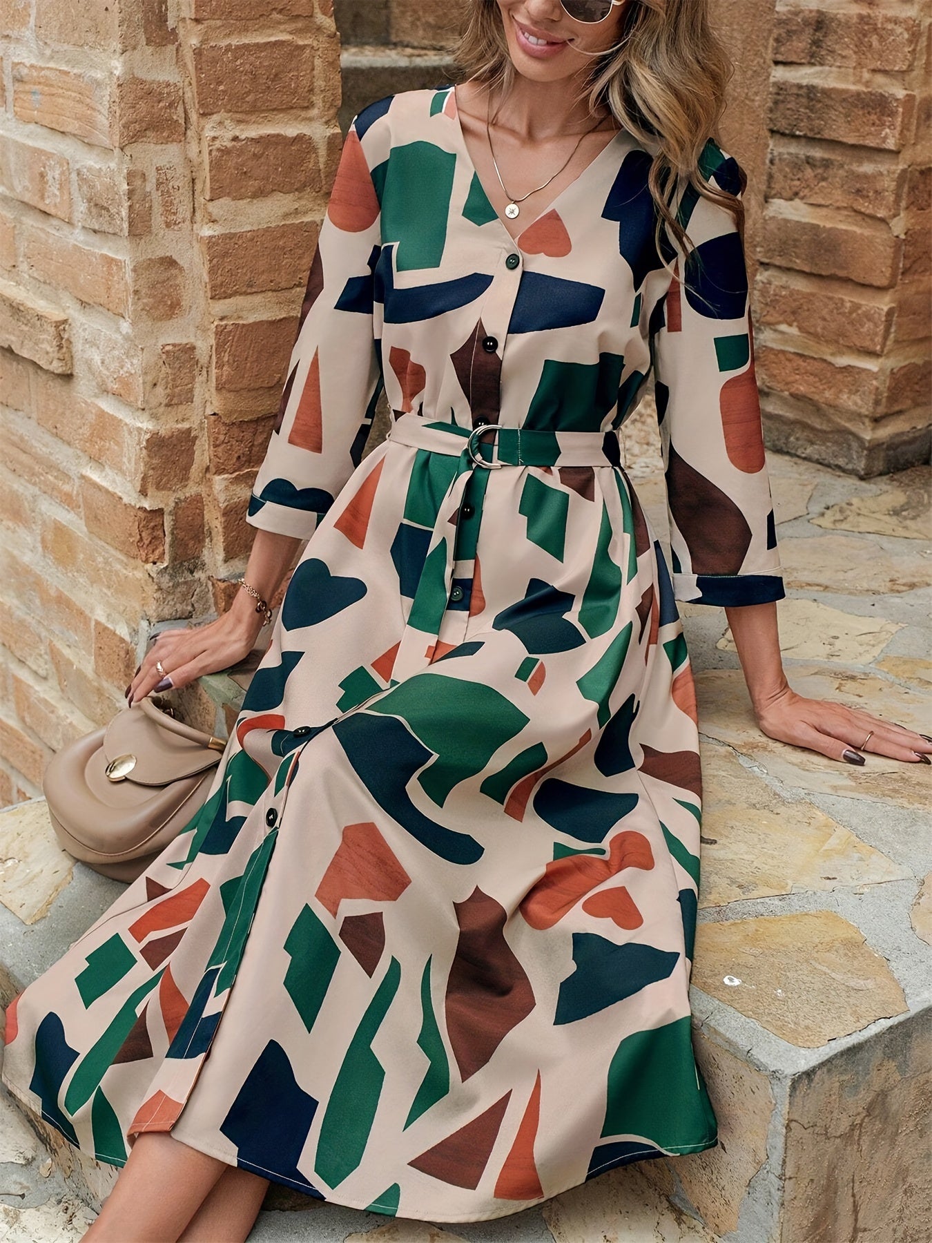 Women's woven V-neck print with sleeves belt Summer dress Elegant stylish casual Women's skirt