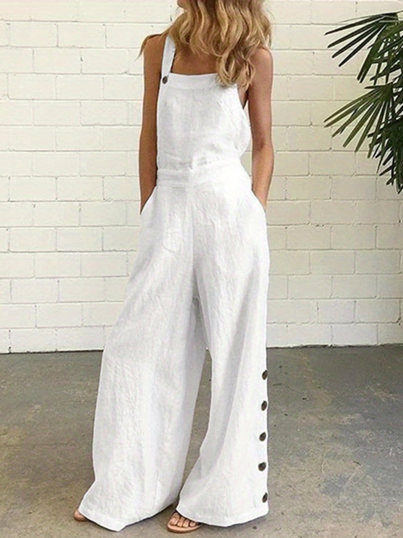Women'S Elegant Wide Leg Jumpsuit - Solid Color Square Neck Sleeveless Pants with Pockets, Casual Summer Overalls for Adults, Light Gray, Casual Summer Wear | Casual Jumpsuit | Fabric Jumpsui