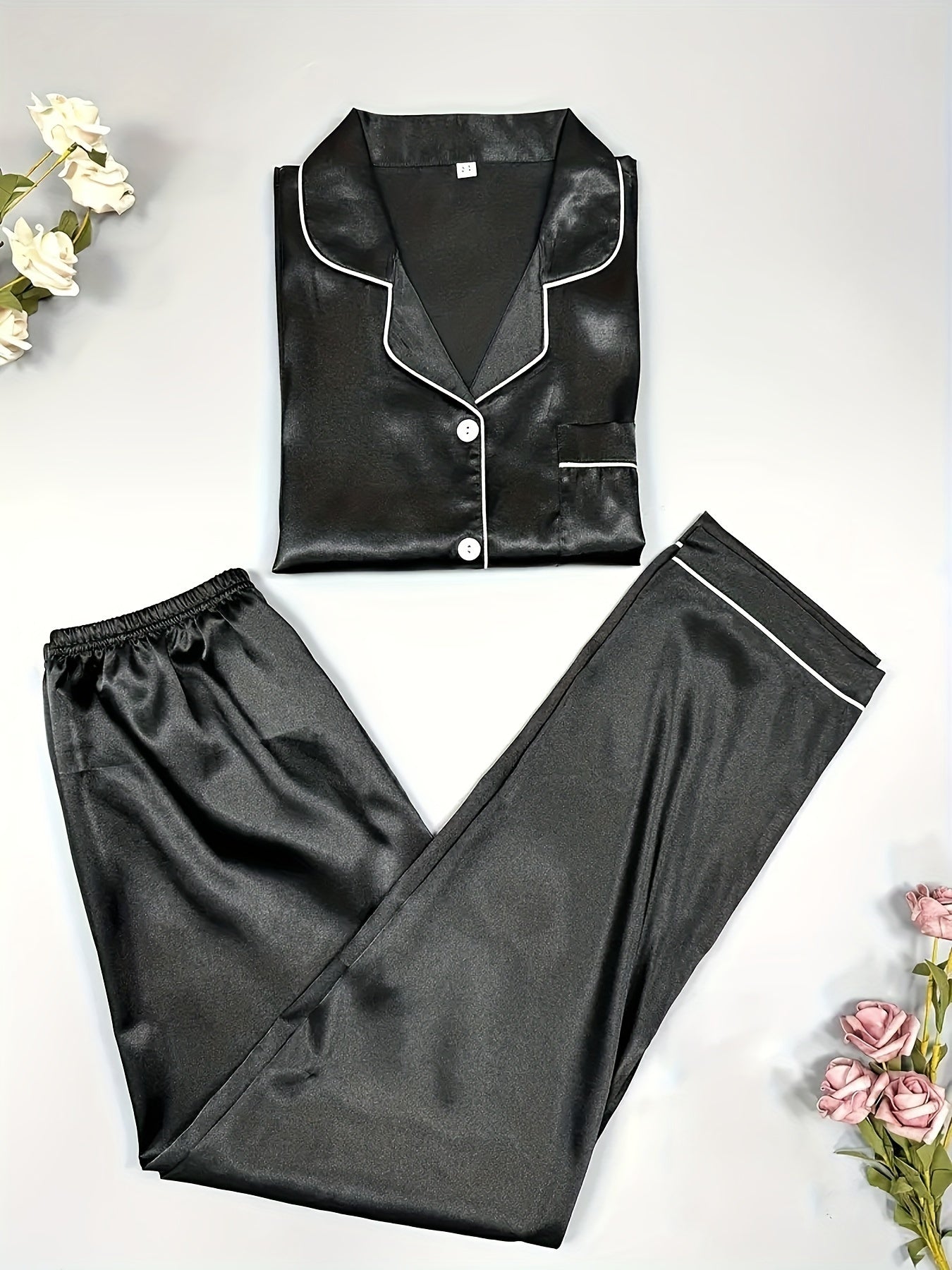 Simple Solid Satin Lounge Set, Long Sleeve Buttons Lapel Top & Elastic Pants, Women's Loungewear