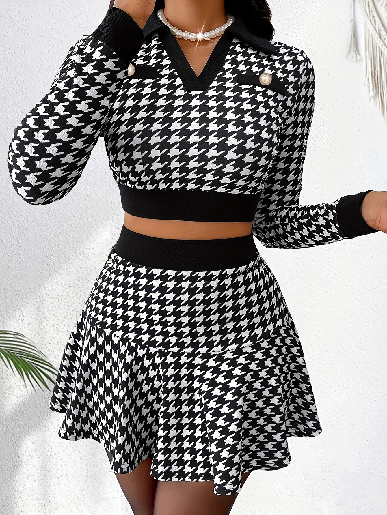 [Machine Washable] Elegant V-Neck Long Sleeve Jacket & A-Line Mini Skirt Set - Machine Washable Polyester & Elastane - Chic Autumn/Winter Ensemble for Women