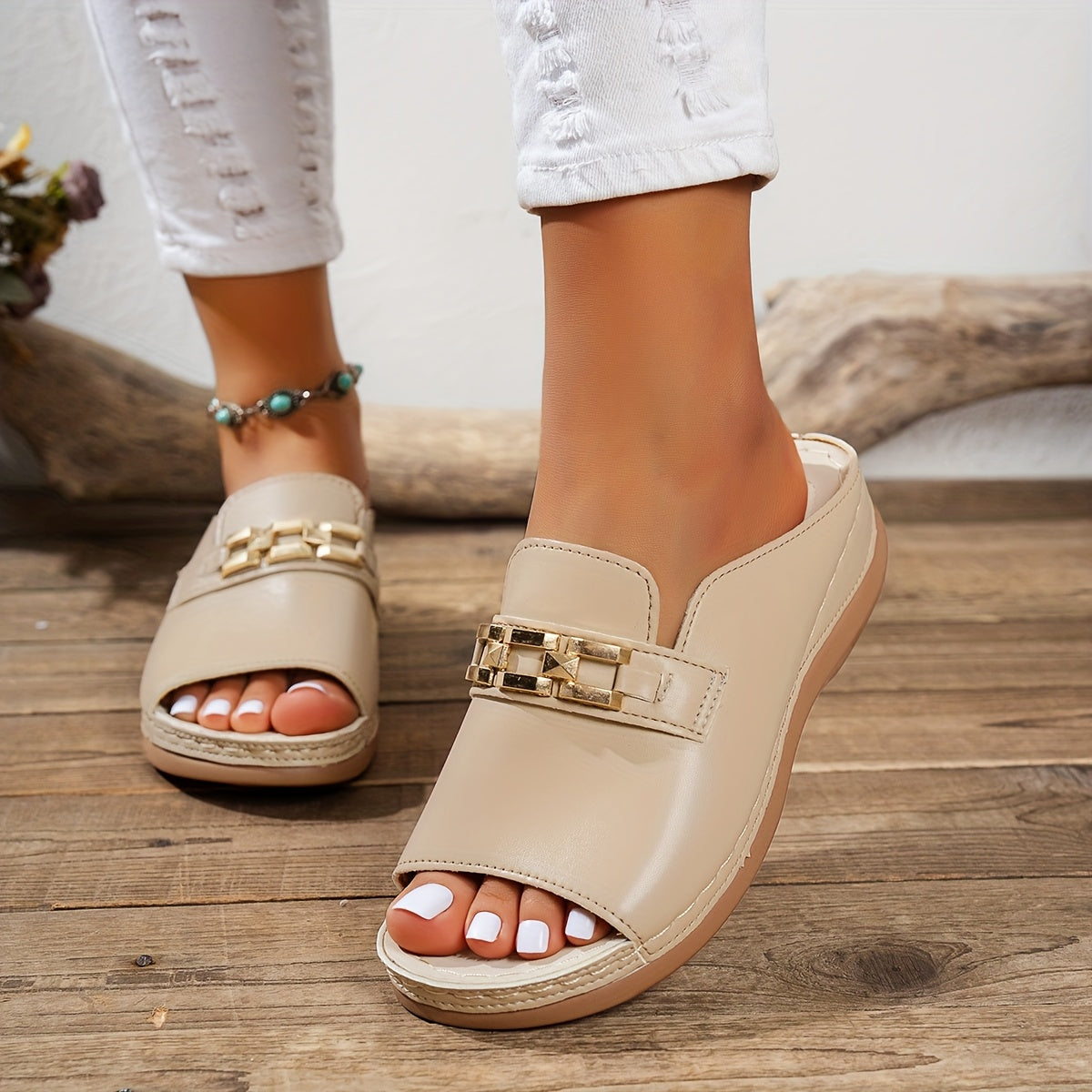 Women'S Chunky Sole Platform Sandals - White Slip-On with Golden Buckle, Flat Heel, Open Toe Design, PU Sole, Synthetic Insole & Upper, Casual Footwear|Chunky Sole Sandals|Durable Footwear