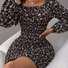 Floral Print Long Sleeve Bodycon Dress, Elegant Square Neck Above Knee Dress For Spring & Fall, Women's Clothing