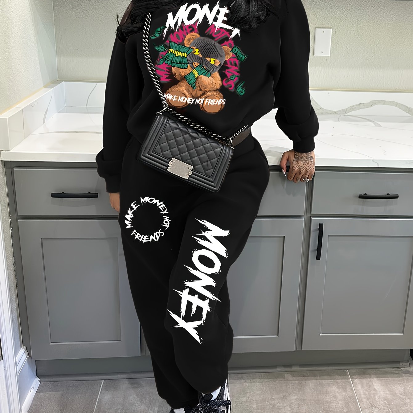 Women'S Casual Polyester Tracksuit, Crew Neck Knit Fabric Alphabet Pattern Loungewear, with Sweatshirt and Pants Set
