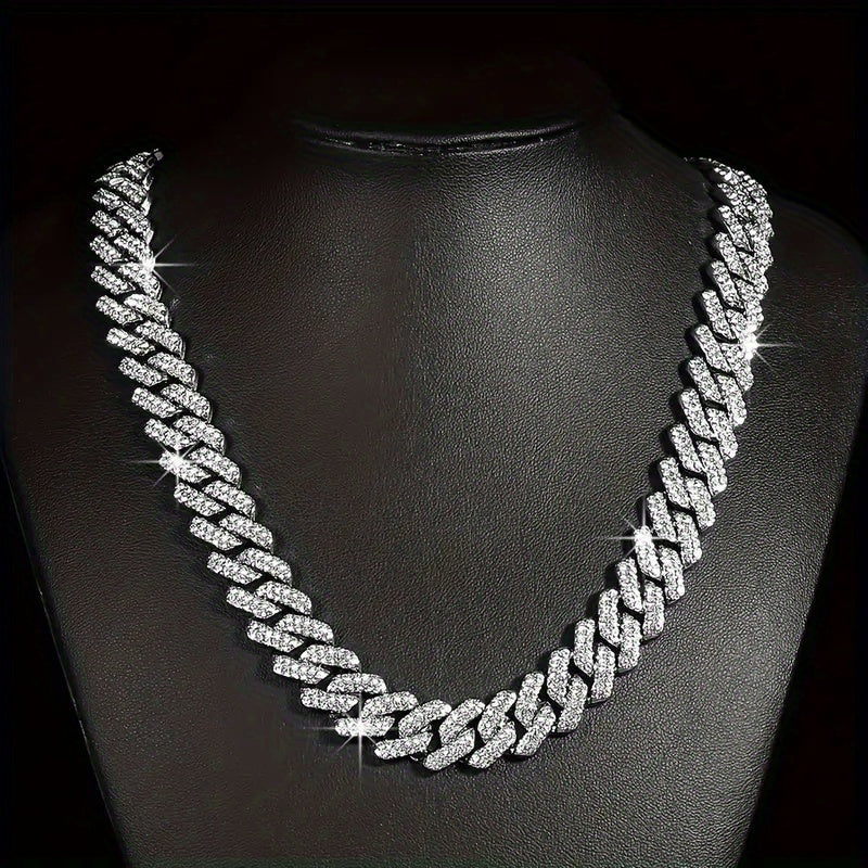 1 Luxurious Golden-Toned Cuban Link Chain Necklace with Sparkling Rhinestones - Hip-Hop Style Charm, Ideal for Daily Wear, Weddings & Special Occasions - Zinc Alloy, Perfect Gift for Her, Chunky Cuban Link Necklace